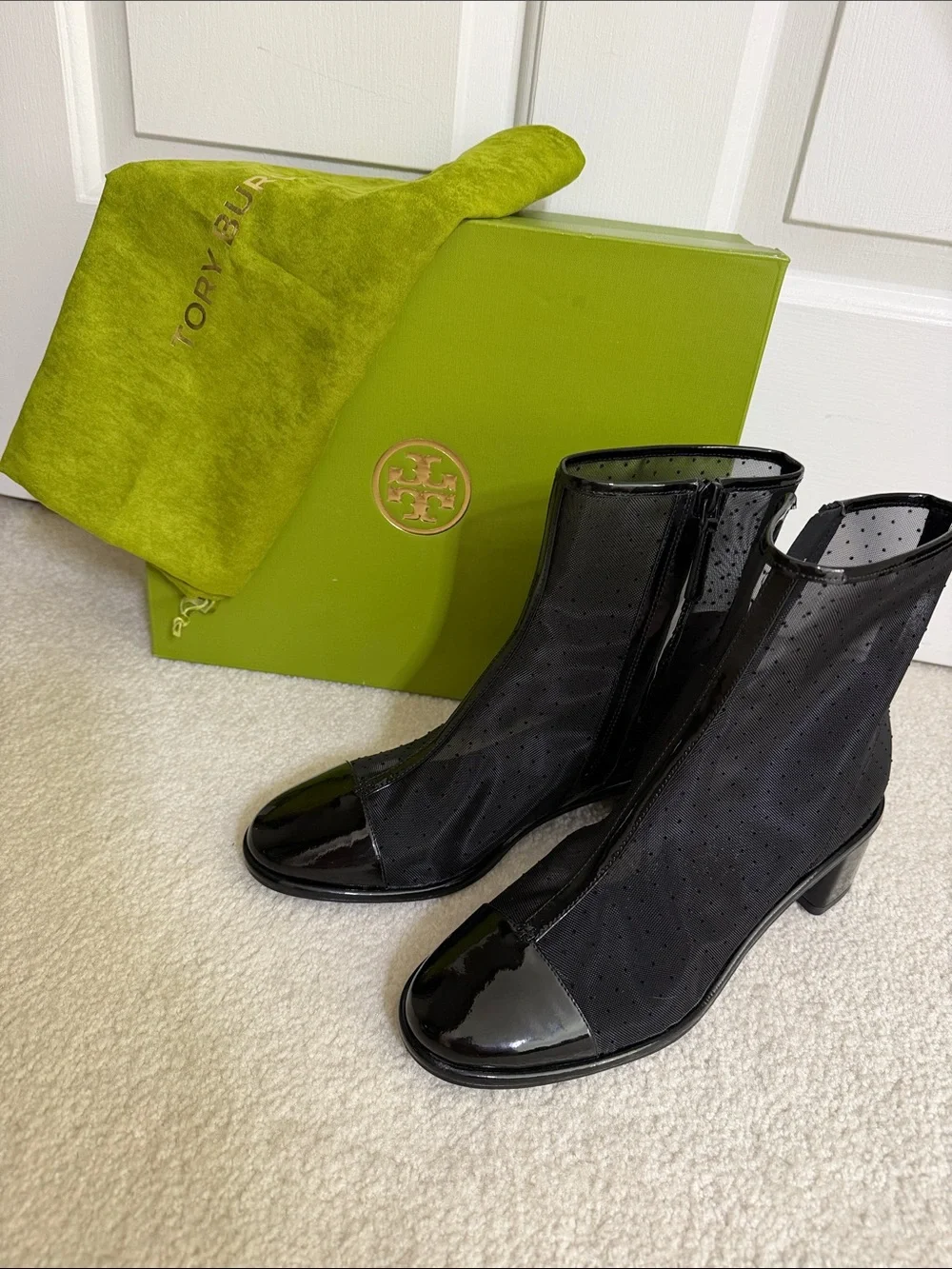 New, Tory Burch Black Patent & Perforated Mesh Ankle Booties Sz 8.5